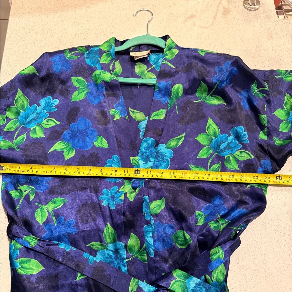 California Dynasty Vintage 80s Satin Floral Kimono Robe Navy Blue Green Sz L - Picture 8 of 8